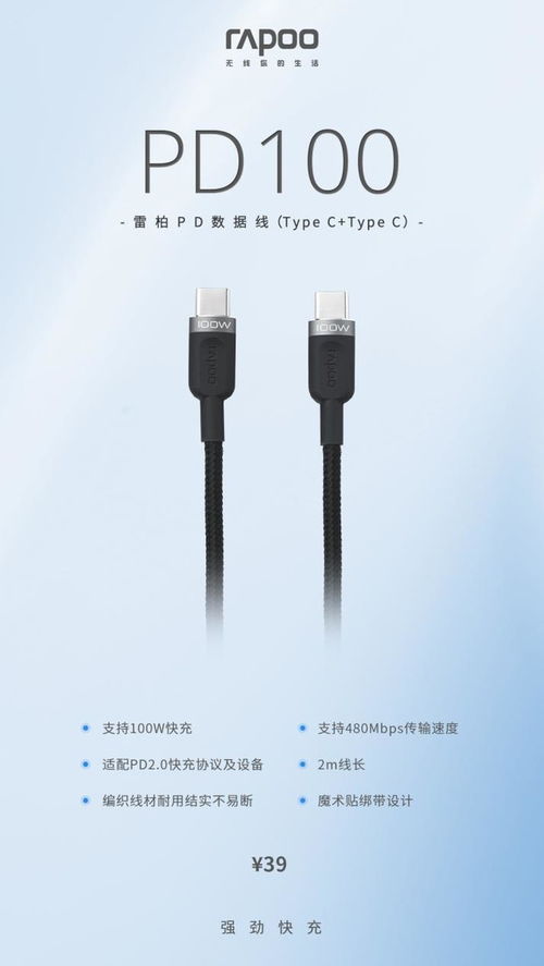 強勁快充新體驗 雷柏PD100 Type-C數據線上市，秒速回血不過熱